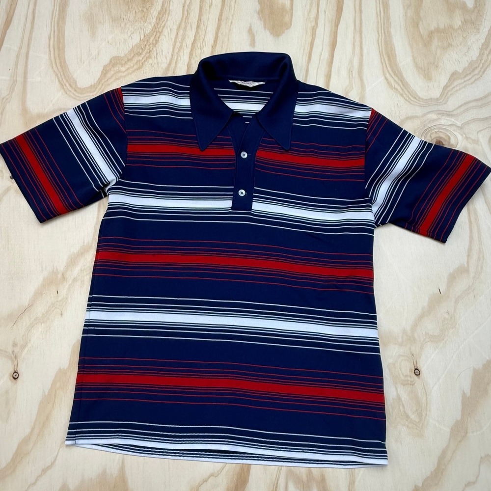 Vintage Lord Jeff Jefftron Polo Shirt Mens Large 70s Striped Dacron USA Navy Red
